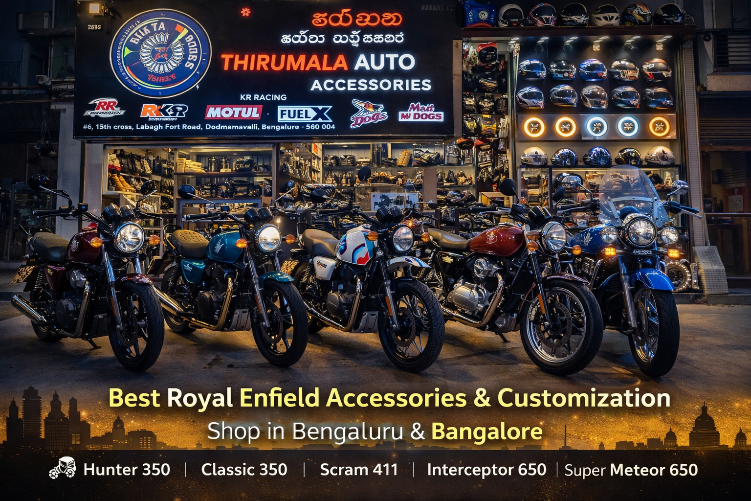 Best Royal Enfield bike accessories and customization shop in Bengaluru and Bangalore showcasing Hunter 350, Classic 350, Interceptor 650, Super Meteor 650 and Himalayan models